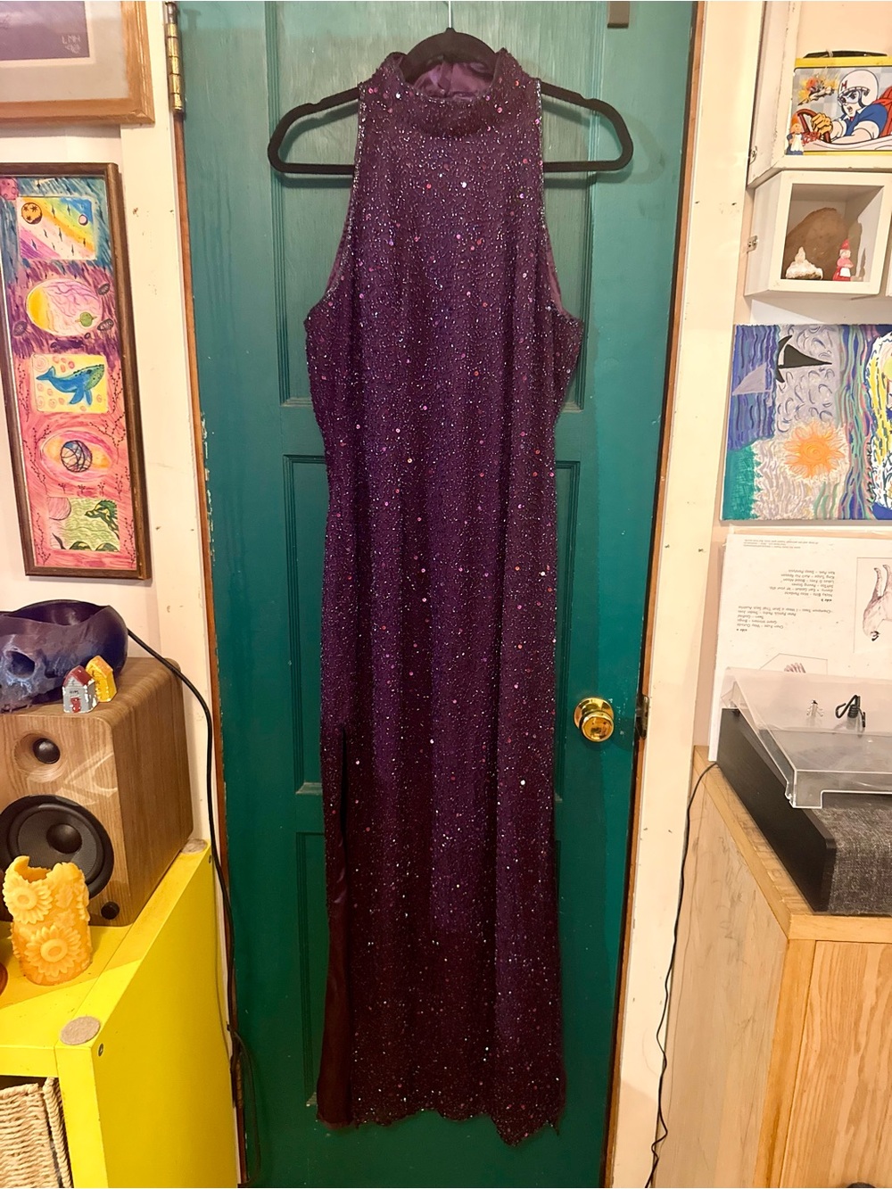 Sparkling Purple High-Neck Evening Gown
